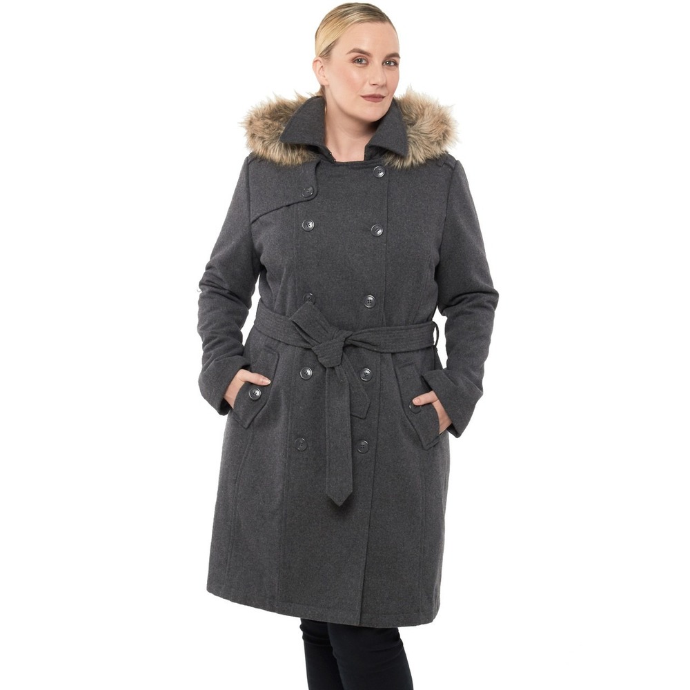 NWT | Alpine Swiss Parka Trench Pea Coat Belt Jacket Faux Fur Hood | Gray |Small